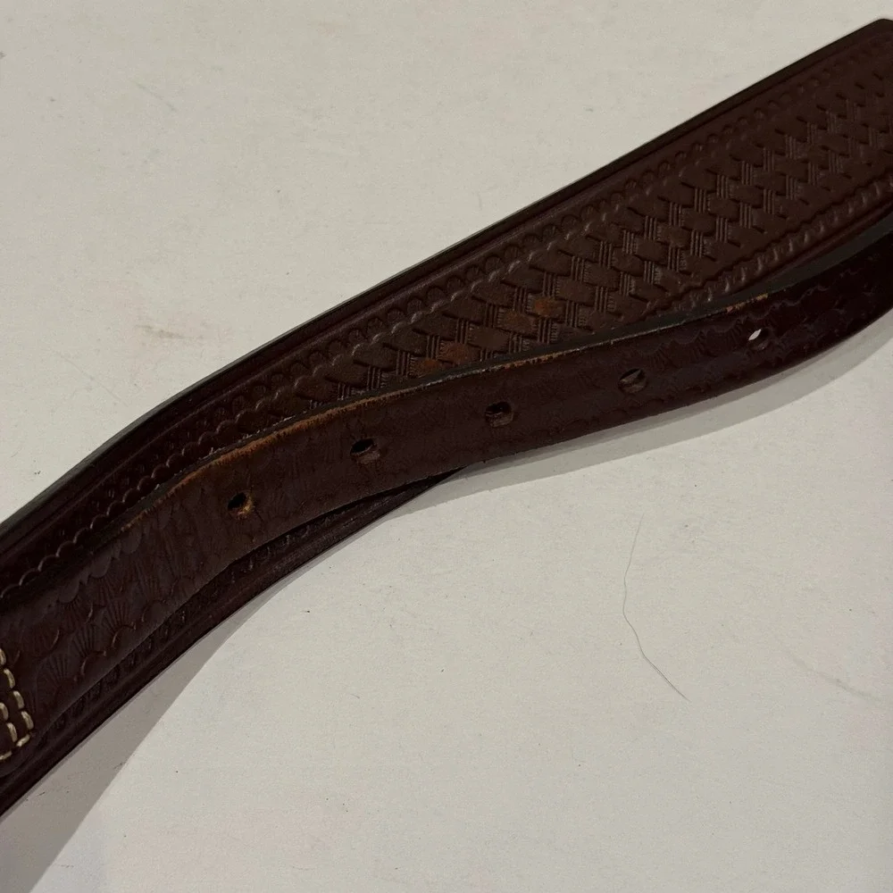 Cabelas Leather Belt Men 42 Brown Basketweave Tooled Western Rodeo Ranger Style